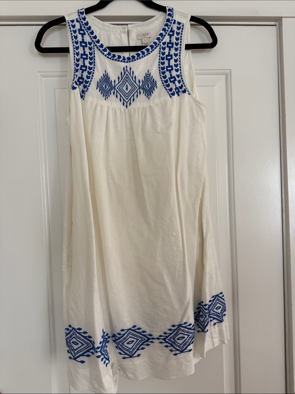 J.Crew White Linen Mini Dress with Blue Embroidered Detail